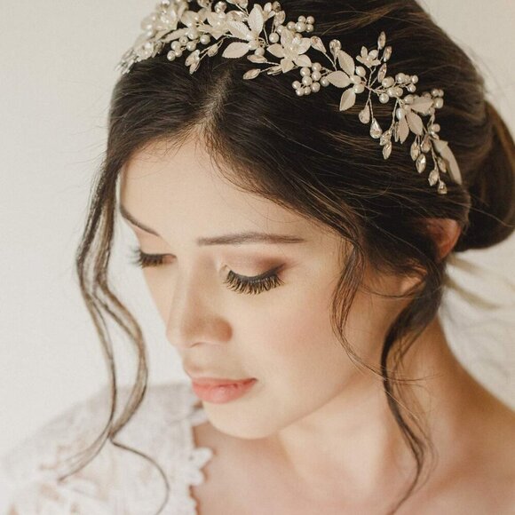 Handmade Rhinestone Flower Leaf Bridal Headpiece for Wedding Pearl Hair Accessor main image 4